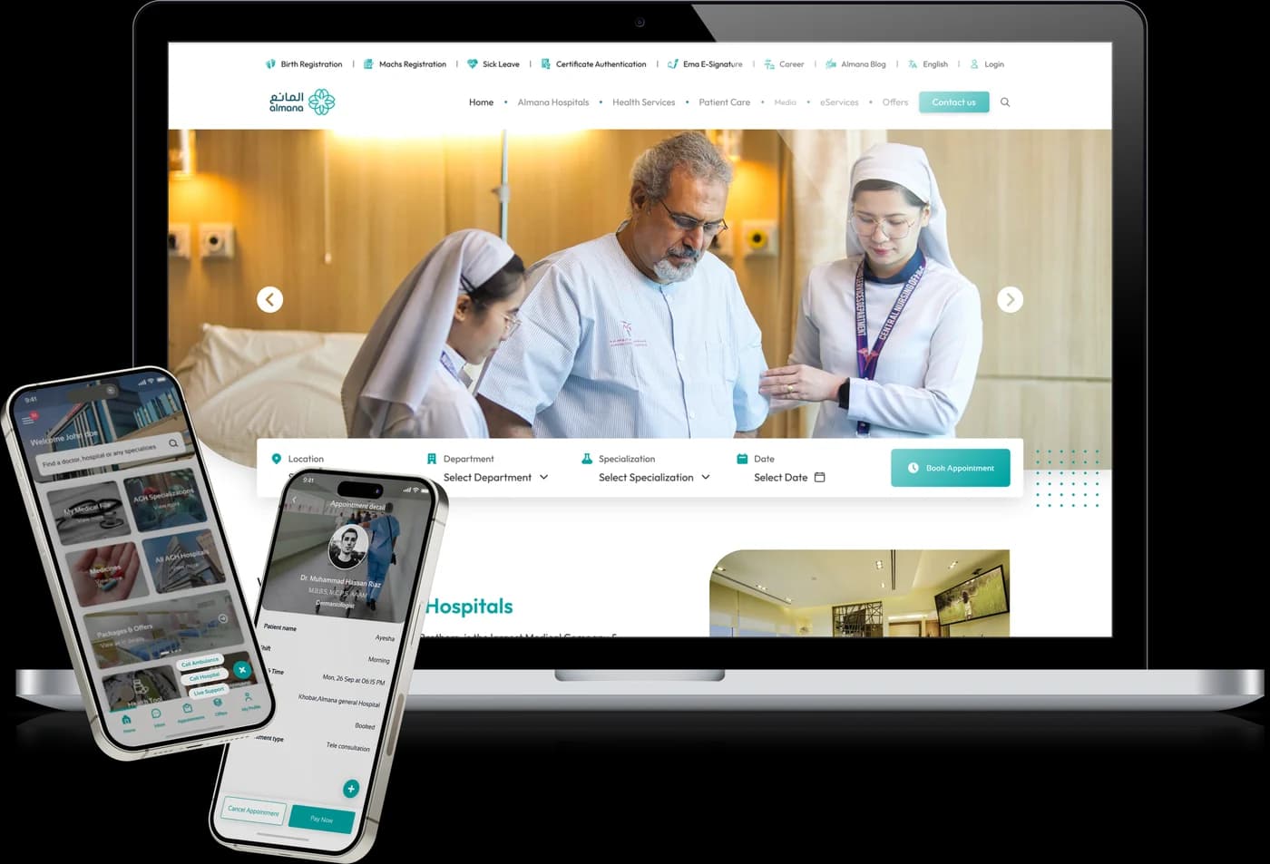 Almana hospital information system interface across desktop and mobile